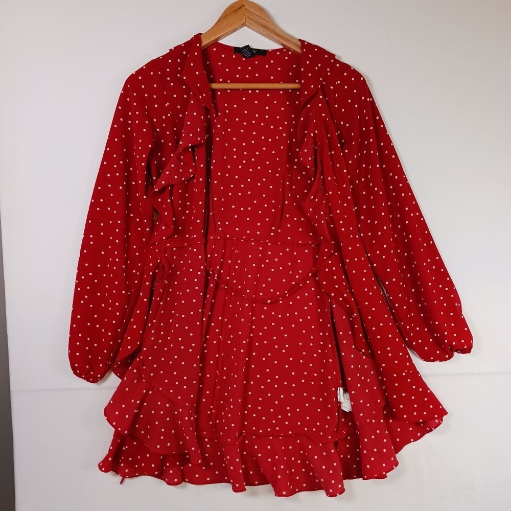 Ruffled Wrap Dress Mini White Poka Dot Burnt Orange Girly Glam Date Night Size M - Picture 10 of 11